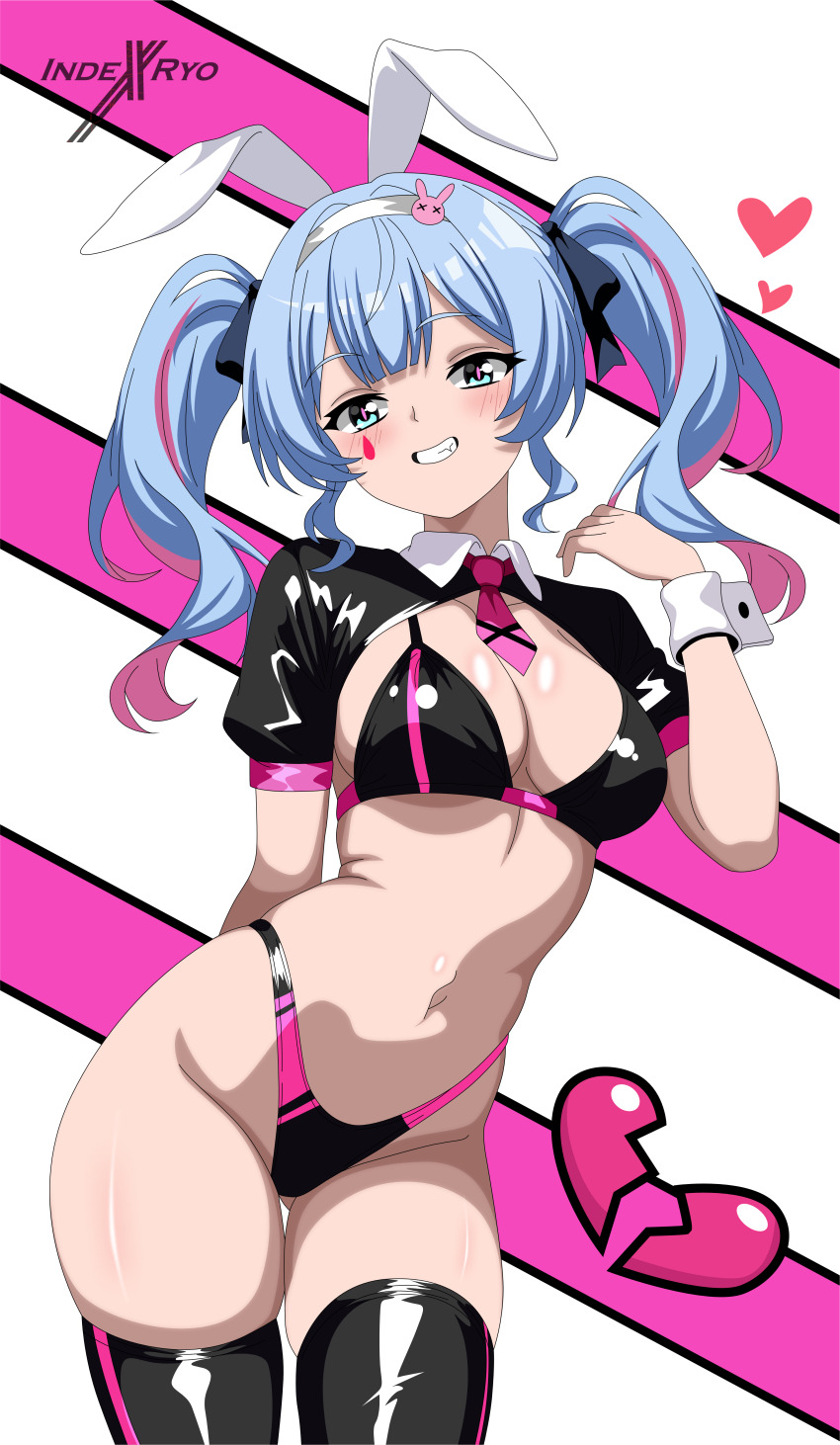 1girl absurdres animal_ears bikini black_bikini black_bow black_thighhighs blue_eyes blue_hair bow breasts clothing_cutout detached_collar fake_animal_ears hair_ornament hairband hairclip hatsune_miku heart_cutout highres indexryo large_breasts long_hair looking_at_viewer navel pink_pupils rabbit_ears rabbit_hole_(vocaloid) solo swimsuit teardrop_facial_mark thighhighs twintails vocaloid white_hairband wrist_cuffs