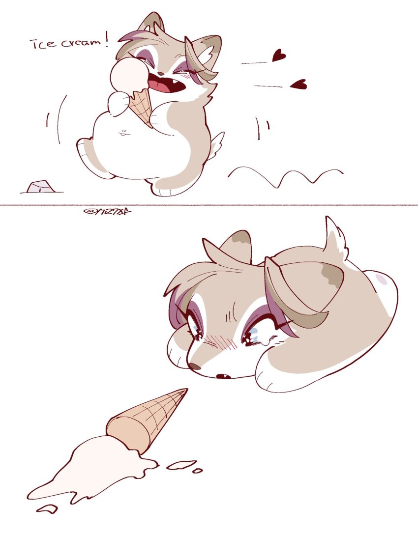 1girl animal_nose blue_eyes english_text fat fat_woman food full_body highres ice_cream ice_cream_cone ice_cream_cone_spill light_brown_hair meg_(miz7xf) miz7xf navel navel_piercing open_mouth original piercing simple_background twitter_username white_background