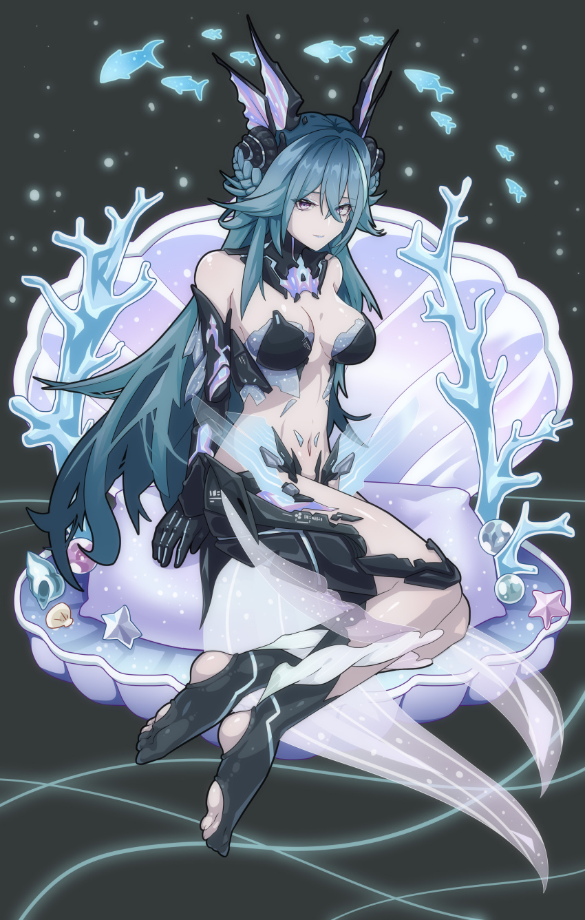 1girl absurdres bare_shoulders black_bra blue_hair bra breasts clam closed_mouth fins full_body grey_eyes hair_between_eyes head_fins highres lamia_(pgr) long_hair looking_at_viewer mechanical_arms navel no_shoes punishing:_gray_raven shell_hair_ornament sitting smile solo underwear zhuang_yu_pizza