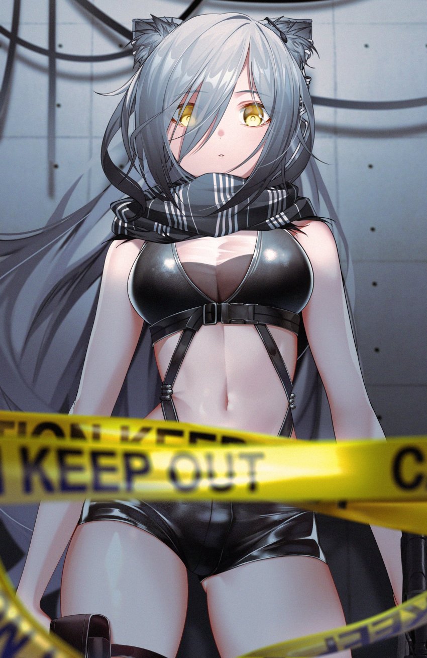 1girl absurdres animal_ear_fluff animal_ears arknights bare_arms bare_shoulders black_scarf black_shorts breasts cat_ears caution_tape commentary cowboy_shot crop_top female_focus gluteal_fold hair_over_one_eye highres indoors keep_out long_hair looking_at_viewer medium_breasts midriff navel pouch scarf schwarz_(arknights) short_shorts shorts silver_hair sleeveless solo standing stomach the_cold thighs yellow_eyes