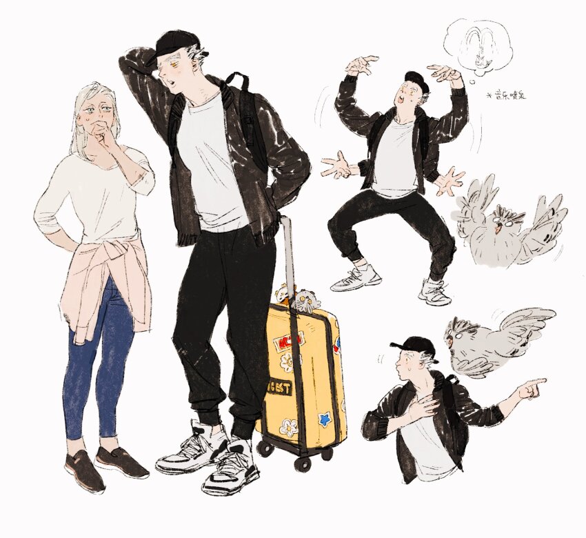 1boy 1girl afterimage animal animalization arm_behind_back arms_up baseball_cap bird black_headwear black_pants blue_pants bokuto_koutarou brown_footwear character_request chengongzi123 clothes_around_waist commentary covering_own_mouth english_commentary grey_hair haikyuu!! hand_in_pocket hand_over_own_mouth hands_up hat highres jacket jacket_around_waist long_hair looking_at_another multicolored_hair open_mouth owl pants pink_jacket pointing shirt shoes short_hair simple_background slit_pupils sneakers speech_bubble standing streaked_hair stuffed_owl suitcase sweatpants thick_eyebrows thought_bubble very_short_hair white_background white_footwear white_shirt yellow_eyes
