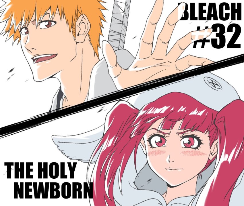 1boy 1girl 7l6cup9yzr1xu7d animal_ear_hood animal_ears bleach bleach:_sennen_kessen-hen blush brown_eyes close-up closed_mouth copyright_name dokugamine_riruka english_text eyebrows_hidden_by_hair eyelashes fake_animal_ears hair_between_eyes hashtag-only_commentary hood hood_up kurosaki_ichigo long_hair looking_at_viewer official_style open_mouth orange_hair outstretched_hand rabbit_ears red_eyes red_hair short_hair shy simple_background smile straight_hair teeth twintails v-shaped_eyebrows waving white_background