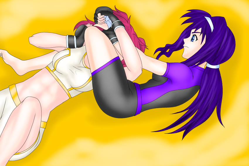 breasts defeat defeated_villainess fingerless_gloves gloves gundam gundam_00 helpless highres large_breasts lyrical_nanoha mma_gloves nena_trinity pale_skin purple_hair red_hair ryona submission_hold bad_tag wrestling