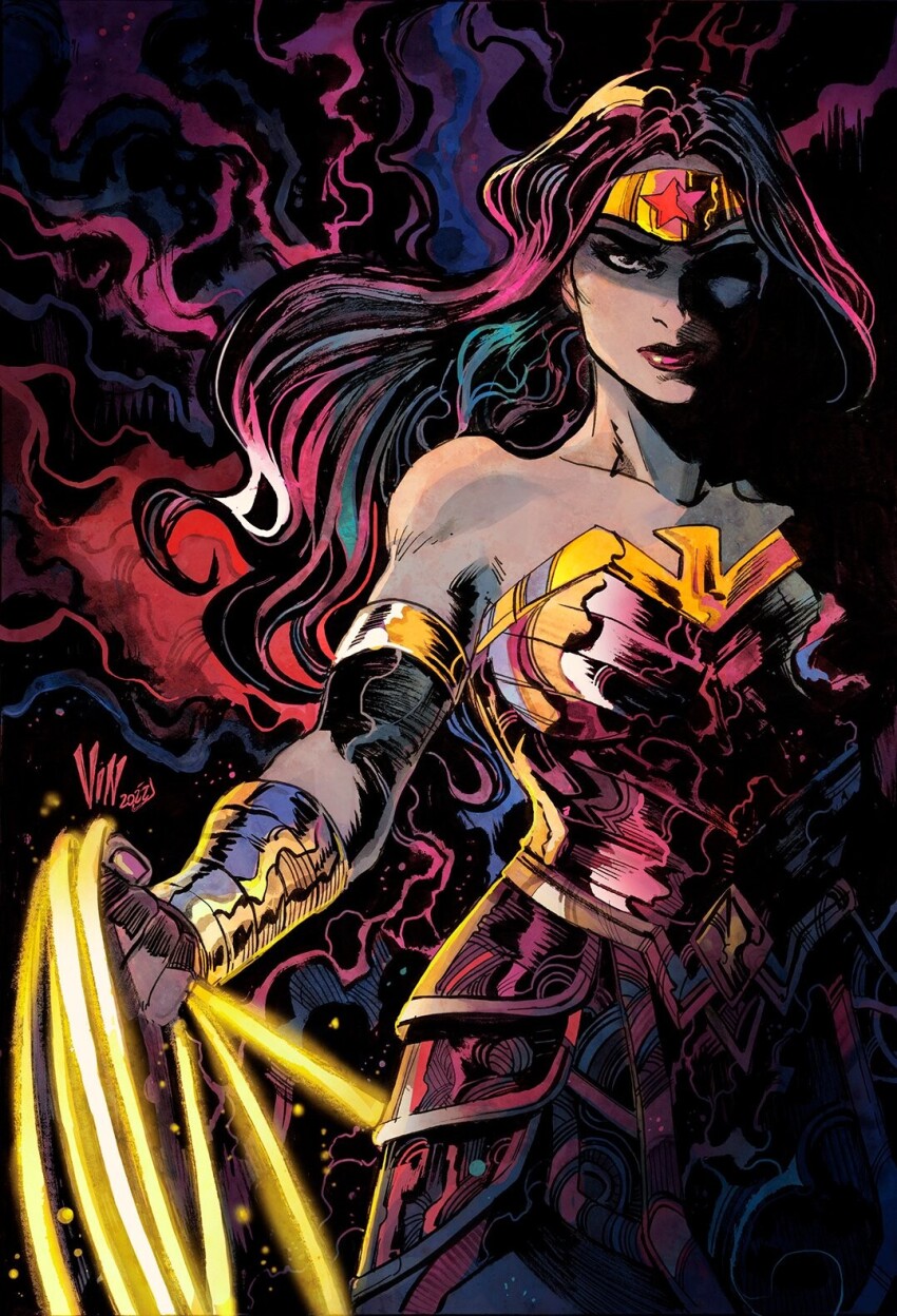 1girl abstract_background artist_name bare_shoulders black_hair bracer circlet dark_background dc_comics diana_prince gold_bracer highres holding holding_lasso lasso lasso_of_truth long_hair muscular muscular_female signature solo star_(symbol) superhero_costume tiara vinartwork weapon western_comics_(style) wonder_woman wonder_woman_(series)