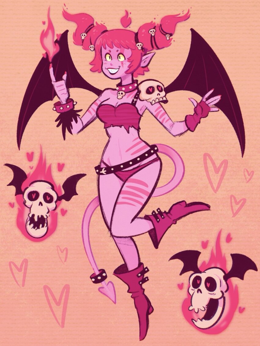 1girl belt black_belt breasts buckle choker colored_skin commentary crop_top demon_girl demon_tail english_commentary fingerless_gloves fire floating_skull full_body gloves gradient_background heart heart-shaped_pupils heart_choker highres medium_hair midriff mostlyghostly navel original panties pink_fire pink_hair pink_panties pink_skin sharp_teeth skull_ornament small_breasts solo symbol-shaped_pupils tail teeth underwear