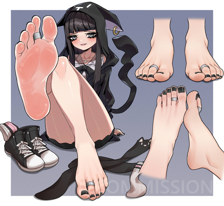1girl absurdres barefoot black_eyes black_hair blush ecchi-o feet highres hood hoodie jewelry long_hair looking_at_viewer nail_polish parted_lips sakurane_shoka shin_subarashiki_kono_sekai shoes socks soles subarashiki_kono_sekai toe_ring toenail_polish toenails toes unworn_shoes unworn_socks