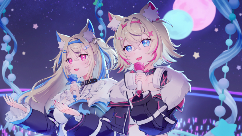 2girls animal_ear_fluff animal_ears ayana_(ayana_illst) black_jacket blonde_hair blue_eyes blue_hair blue_nails blush breasts collarbone dog_ears dog_girl fuwawa_abyssgard hair_between_eyes hair_intakes hair_ornament headphones highres holding holding_microphone hololive hololive_english horn_hairband jacket large_breasts lightstick long_hair long_sleeves microphone mococo_abyssgard multiple_girls open_mouth pink_eyes pink_hair pink_nails short_hair siblings sisters smile twins unworn_headphones virtual_youtuber x_hair_ornament