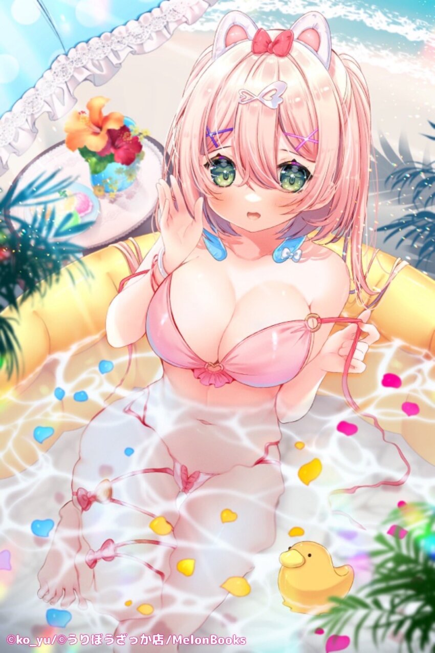 1girl animal_ears bikini blush breasts cocktail green_eyes hair_between_eyes hair_ornament hairclip highres ko_yu large_breasts looking_at_viewer medium_hair navel open_mouth original outdoors partially_submerged petals pink_bikini pink_hair pool red_ribbon ribbon rubber_duck smile solo strap_pull swimsuit thigh_strap tray umbrella wading_pool