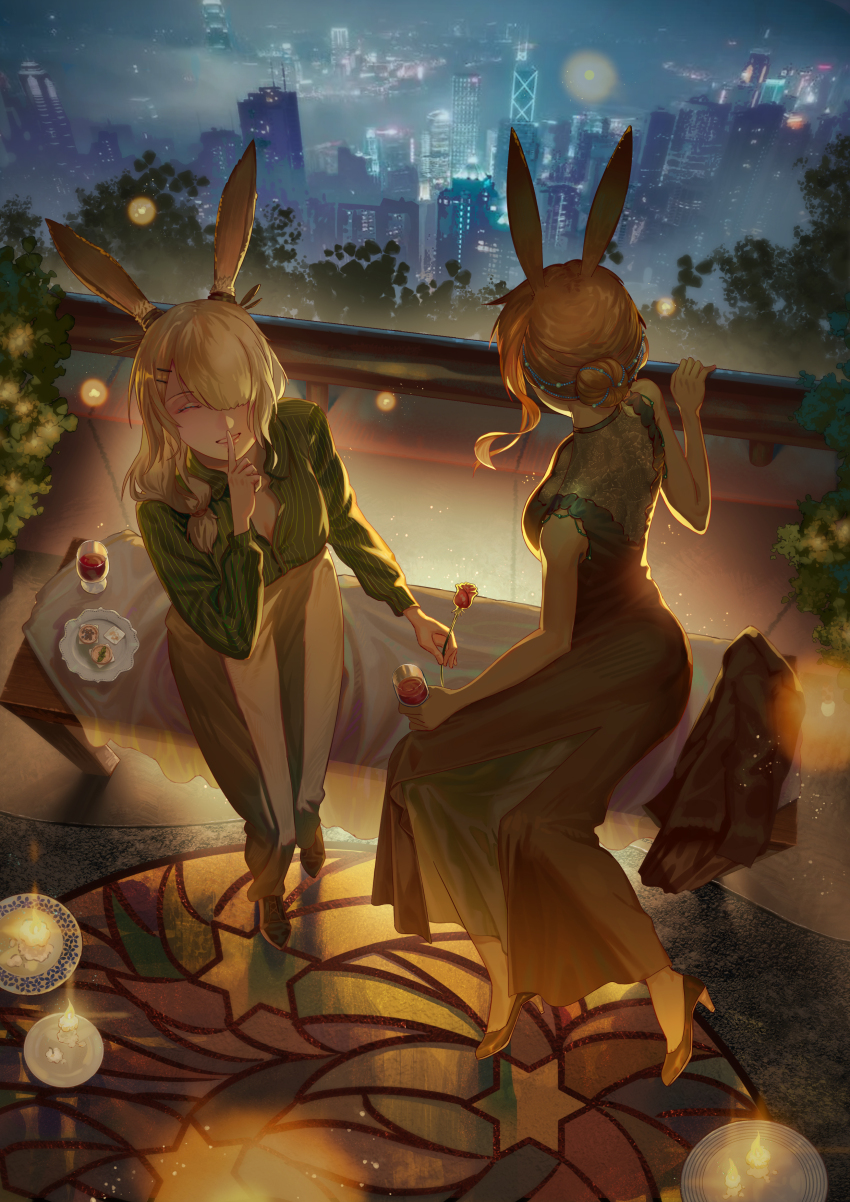 2girls absurdres amiya_(arknights) animal_ears arknights brown_hair city cityscape closed_eyes cup dress emanon flower frostnova_(arknights) full_body hair_bun hair_over_one_eye highres holding holding_cup holding_flower long_hair multiple_girls pants rabbit_ears scenery shirt sitting striped_clothes striped_shirt white_hair