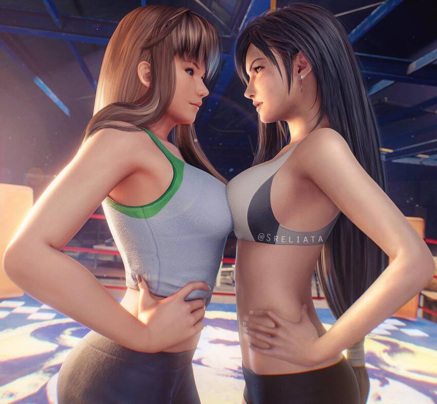 2girls breast_press breasts dead_fantasy dead_or_alive final_fantasy final_fantasy_vii highres hitomi_(doa) large_breasts multiple_girls sreliata symmetrical_docking tifa_lockhart