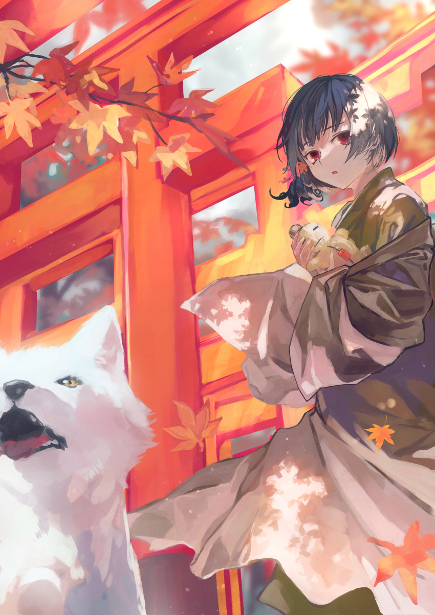 1girl autumn_leaves black_hair brown_kimono dog doll falling_leaves highres holding holding_doll idolmaster idolmaster_shiny_colors japanese_clothes kimono leaf morino_rinze multiple_torii otsudou parted_lips red_eyes short_hair solo straw_doll torii