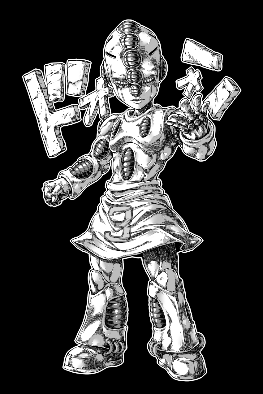 1boy absurdres black_background diamond_wa_kudakenai echoes_(stand) echoes_act3 fish.boy greyscale highres jojo_no_kimyou_na_bouken katakana male_focus monochrome solo sound_effects stand_(jojo)