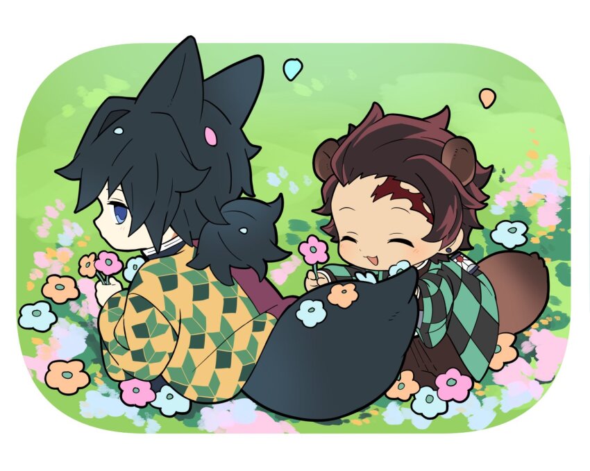 2boys animal_ears black_hair black_jacket blue_eyes brown_hair chibi chibi_only closed_eyes commentary demon_slayer_uniform flower haori high_collar holding holding_flower jacket japanese_clothes kamado_tanjirou kikkoumon kimetsu_no_yaiba long_hair low_ponytail male_focus multiple_boys ponytail print_haori red_haori short_hair spiked_hair symbol-only_commentary tail tomioka_giyuu yanzhan