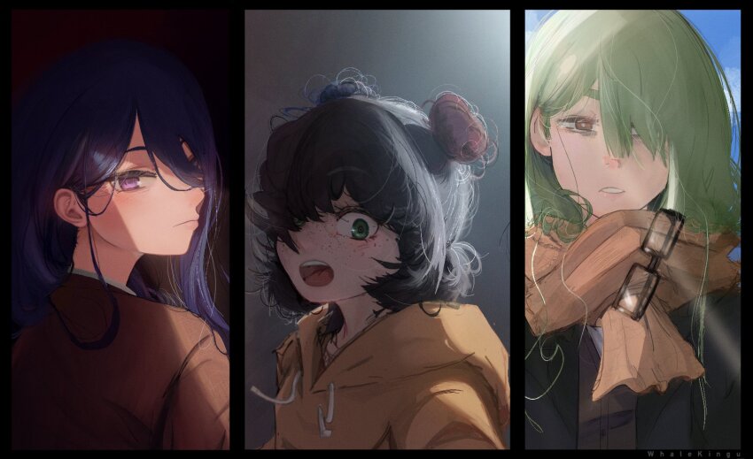 3girls bags_under_eyes black_hair blue_hair brown_eyes brown_scarf column_lineup commentary double_bun eyebrows_hidden_by_hair eyewear_hang freckles glasses green_hair hair_bun highres hood hoodie kingu_(whalekingu) lens_flare looking_back multicolored_hair multiple_girls open_mouth orange_hoodie original parted_lips purple_eyes red_hair scarf shade thick_eyebrows unworn_eyewear