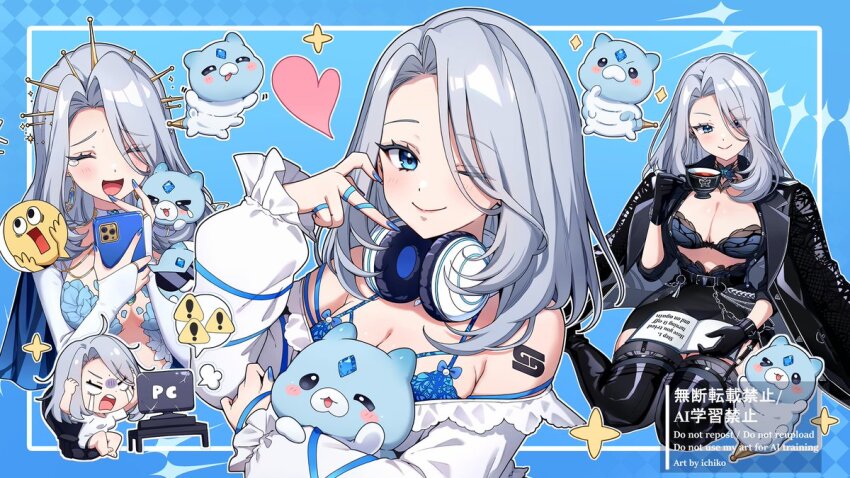 1girl alternate_costume black_boots black_gloves black_jacket black_skirt blue_background blue_bra blue_eyes blue_nails blue_ribbon blush boots bra breasts cup emoji frilled_sleeves frills gamer_supps gloves grey_hair headphones headphones_around_neck heart holding holding_cup holding_phone ichiko_1234 indie_virtual_youtuber jacket large_breasts laughing looking_at_viewer monarch_(1st_costume)_(amalee) monarch_(amalee) monarch_(mafia)_(amalee) monitor off_shoulder official_alternate_costume official_art one_eye_closed phone ribbon scuffling_(amalee) shirt shrug_(clothing) sitting skirt underwear virtual_youtuber white_shirt white_shrug yokozuwari