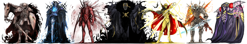 absurdres ainz_ooal_gown bad_id bad_pixiv_id baraggan_louisenbairn bat_(animal) berserk bleach blue_fire bone cane cape character_request cloak crossover dual_wielding fate/grand_order fate_(series) fire flesh gantz highres holding horse kankan33333 king_hassan_(fate) long_image magic mordecai_the_duelist nurarihyon ougon_bat ougon_bat_(character) overlord_(maruyama) shadowverse shield shoulder_pads skeleton skull skull_knight_(berserk) sword trait_connection weapon wide_image