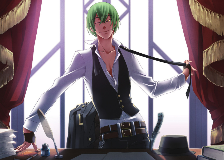 1boy balisong belt blazblue book chain curtains desk fedora green_hair hat hazama highres knife male_focus necktie unworn_necktie non-web_source official_art one_eye_closed paper shirt solo vest weapon white_shirt window yellow_eyes