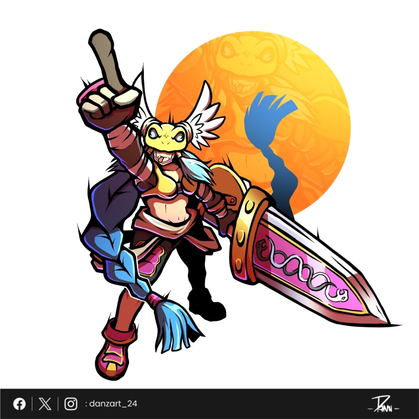 blue_hair braid circle covered_eyes danzart_24 digimon digimon_(creature) highres long_hair looking_at_viewer mask minervamon pointing pointing_up snake sword weapon wings