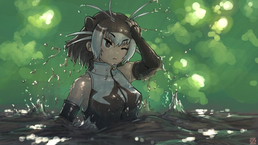 1girl animal_ears bare_shoulders brown_eyes elbow_gloves extra_ears fingerless_gloves giant_otter_(kemono_friends) gloves imnim_leef kemono_friends long_hair multicolored_hair one-piece_swimsuit one_eye_closed otter_ears otter_girl purple_hair sleeveless solo swimming swimsuit two-tone_hair water white_hair