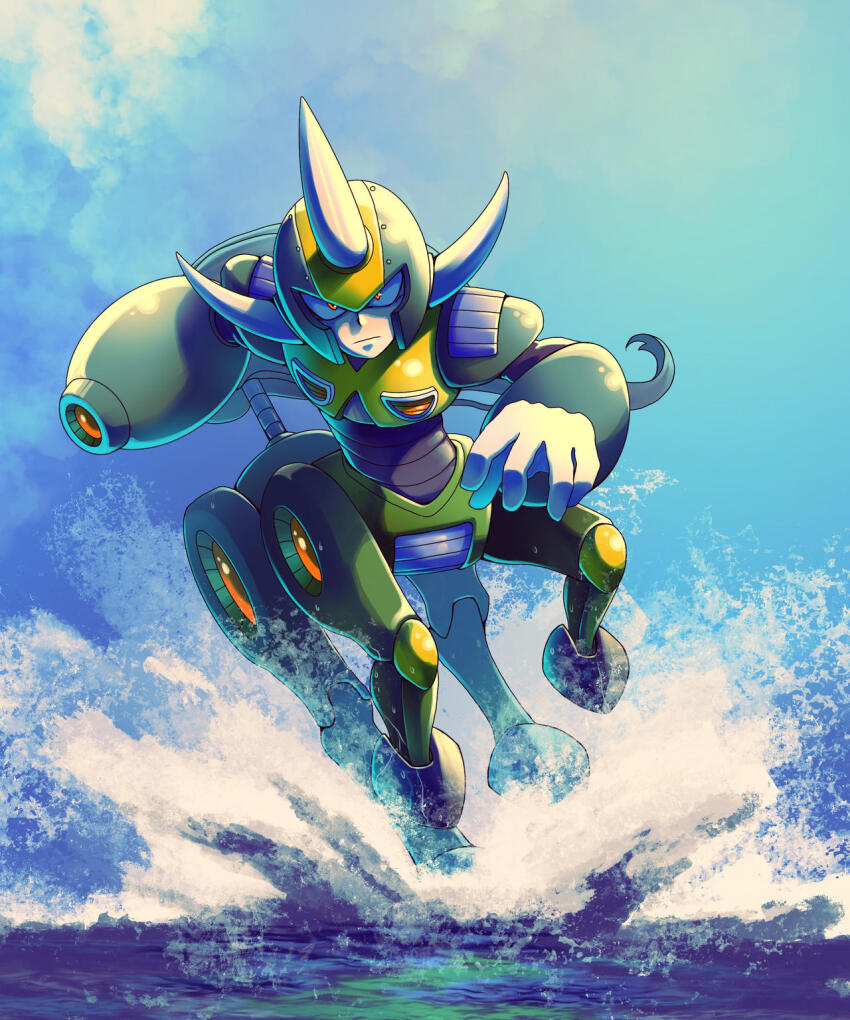 1boy arm_cannon centaur centaur_man day fake_horns full_body helmet highres horned_helmet horns imbisibol looking_at_viewer male_focus mega_man_(classic) mega_man_(series) mega_man_6 no_humans non-humanoid_robot outdoors red_eyes robot robot_animal solo tail taur water weapon wet