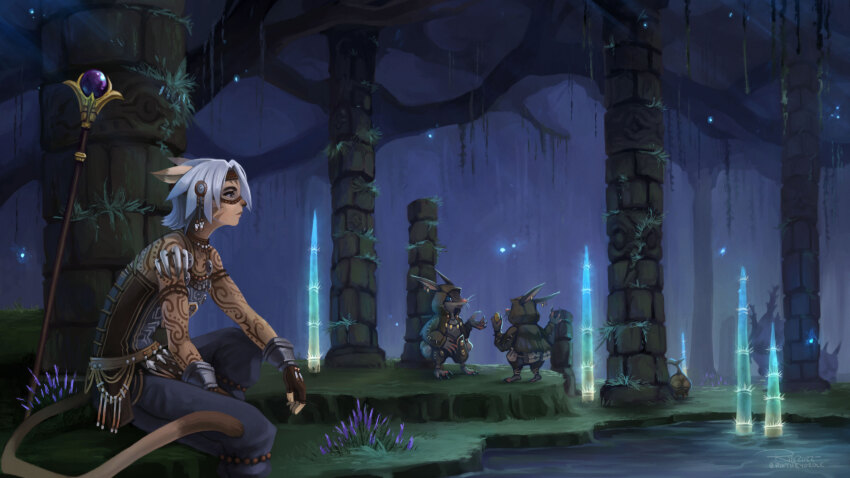 1girl 2022 absurdres adventurer_(ff11) animal_ears blue_eyes blue_pants bodypaint brown_gloves brown_headband cat_ears cat_girl cat_tail commentary commission english_commentary facial_mark final_fantasy final_fantasy_xi fingerless_gloves gloves grass grey_hair headband highres in-universe_location mithra_(ff11) official_art pants pillar qiqirn rintheyordle short_hair sitting staff tail twitter_username water whisker_markings