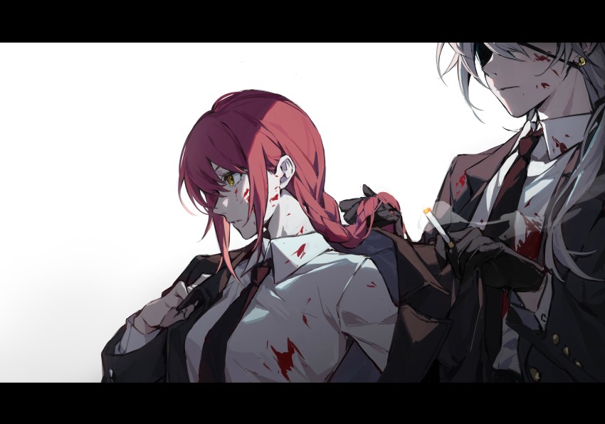 2girls absurdres black_gloves black_jacket black_necktie blood blood_on_clothes blood_on_face braid chainsaw_man chinese_commentary cigarette collared_shirt commentary_request earrings eyepatch gloves grey_hair highres holding holding_another&#039;s_hair holding_cigarette jacket jewelry letterboxed long_hair makima_(chainsaw_man) multiple_girls necktie oyo_hitsuji parted_lips quanxi_(chainsaw_man) red_hair ringed_eyes shirt single_braid upper_body white_background white_shirt yellow_eyes