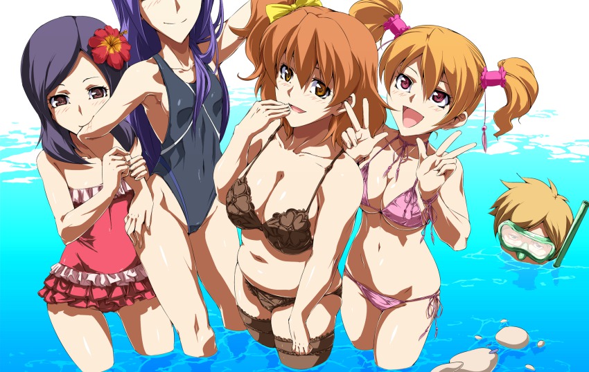 00s 1boy 4girls alternate_costume aono_miki arm_up armpits bad_id bad_pixiv_id bare_shoulders bikini biting blonde_hair blush bow bra breasts brown_eyes cleavage collarbone competition_swimsuit curvy double_v eyelashes flat_chest flower fresh_precure! frilled_legwear frills gathers hair_bow hair_tubes halterneck hand_on_own_hip hand_to_own_mouth head_out_of_frame hibiscus higashi_setsuna highres hip_focus jaga_note large_breasts lingerie long_hair medium_breasts midriff momozono_love muffin_top multiple_girls navel nishi_hayato one-piece_swimsuit open_mouth orange_hair panties pink_eyes plump precure purple_hair saliva shiny_skin side-tie_bikini_bottom side_ponytail smile snorkel standing string_bikini submerged swimsuit tart_(fresh_precure!) thighhighs thighs twintails underboob underwear underwear_only v wading water wester yamabuki_inori yellow_eyes