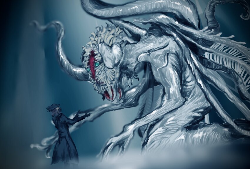 1other alien alto_3745 ambiguous_gender black_gloves black_jacket bloodborne ebrietas_daughter_of_the_cosmos eldritch_abomination from_side gloves hat highres hunter_(bloodborne) jacket long_sleeves mask monster mouth_mask skeletal_wings tentacles tricorne wings