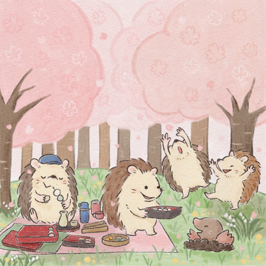 absurdres animal animal_focus arms_up bento black_eyes cherry_blossoms closed_eyes dango eating eving falling_petals food hedgehog highres holding mole_(animal) no_humans open_mouth original petals picnic solid_circle_eyes standing sushi tree wagashi
