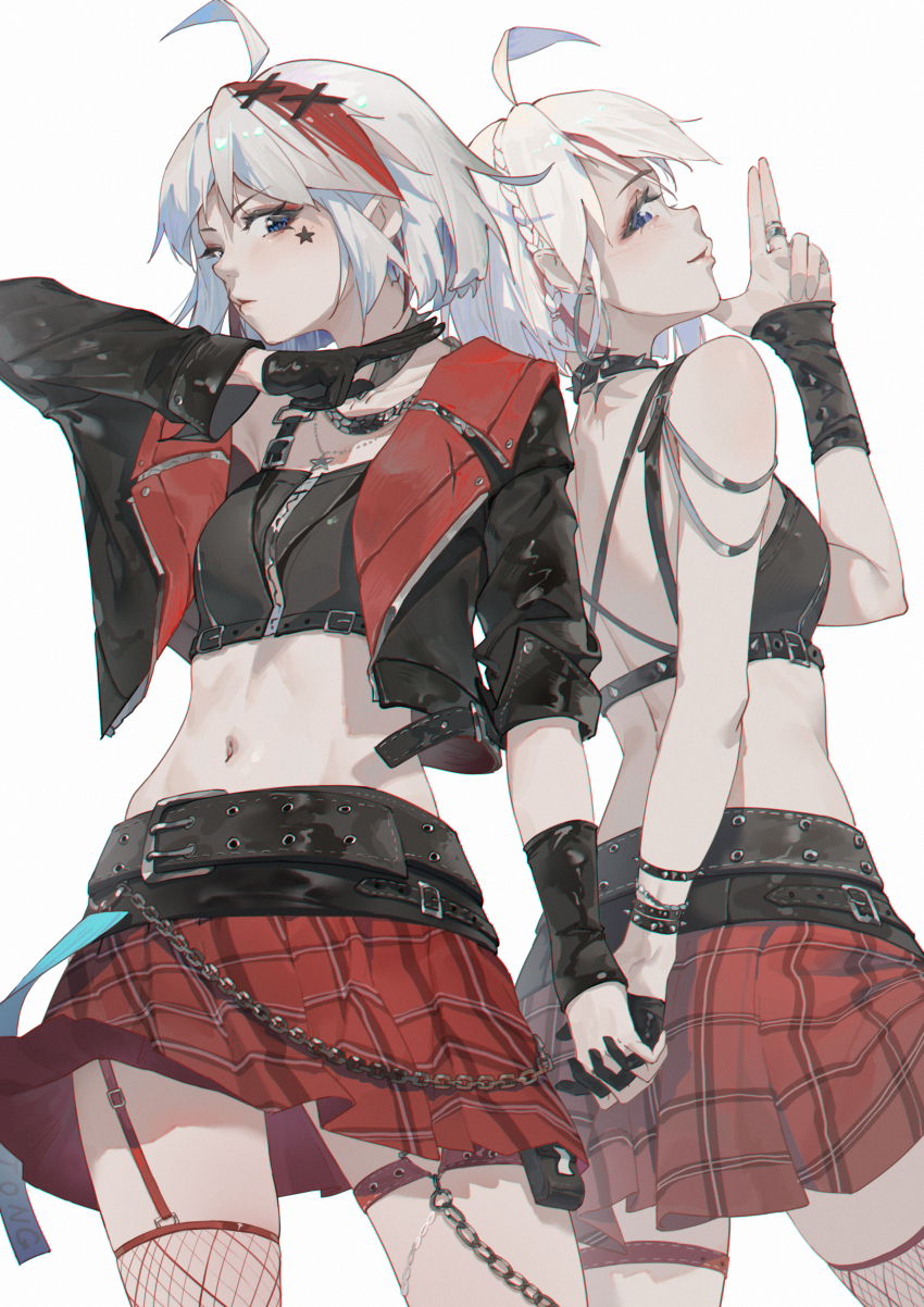 2girls absurdres ahoge aiming_up arm_warmers armpit_peek back back-to-back belt_chain black_arm_warmers black_choker black_gloves black_jacket blue_eyes bracelet braid breasts chain chain_necklace checkered_clothes checkered_skirt choker cowboy_shot crop_top cropped_jacket double_finger_gun earrings facial_tattoo finger_gun fishnet_thighhighs fishnets front-tie_top garter_belt garter_straps gloves hair_ornament highres holding_hands hoop_earrings jacket jewelry leather_belt light_blush linea_alba median_furrow midriff miniskirt multicolored_hair multiple_girls navel necklace open_clothes open_jacket original pleated_skirt pouch pout profile pugongying red_thighhighs ring short_hair simple_background single_glove single_thighhigh skirt small_breasts spiked_bracelet spiked_choker spikes star_(symbol) star_earrings star_necklace star_tattoo streaked_hair tattoo thigh_pouch thighhighs two-sided_fabric white_background white_hair x_hair_ornament