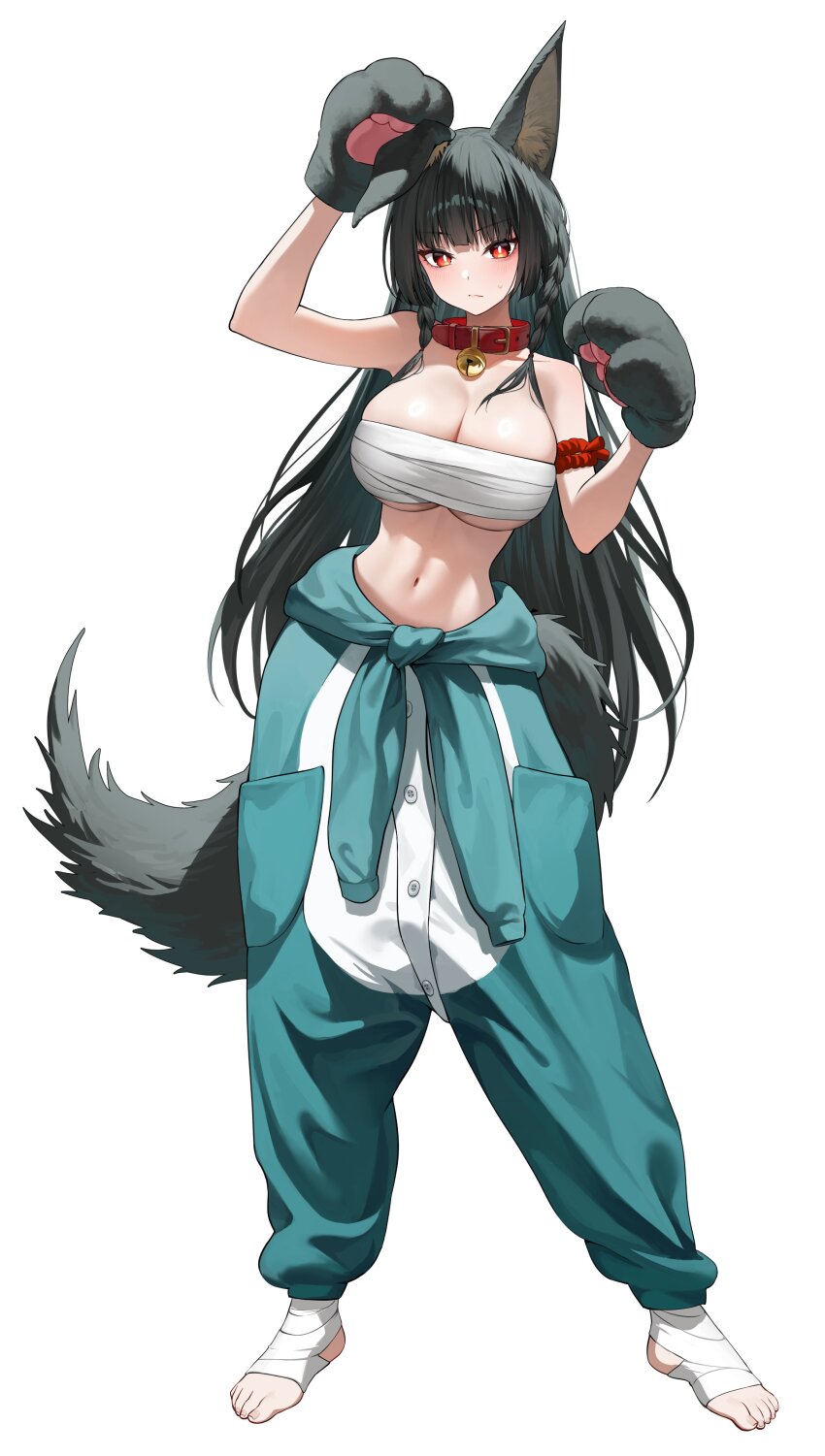 1girl absurdres animal_costume animal_ears animal_hands ayoni_623 bandaged_foot bandages bell black_hair breasts chest_sarashi cleavage fox_ears fox_girl fox_tail full_body gloves highres hoshimi_miyabi large_breasts long_hair navel neck_bell paw_gloves red_eyes sarashi simple_background solo stomach sweatdrop tail toes very_long_hair white_background zenless_zone_zero