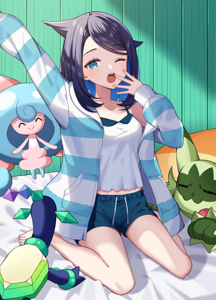 1girl black_hair blue_hair blue_pants breasts closed_eyes collarbone creatures_(company) floragato game_freak gen_8_pokemon hattrem highres liko_(pokemon) multicolored_hair nintendo on_bed one_eye_closed open_mouth pants pillow pokemon pokemon_(anime) small_breasts terapagos tila_276 two-tone_hoodie yawning