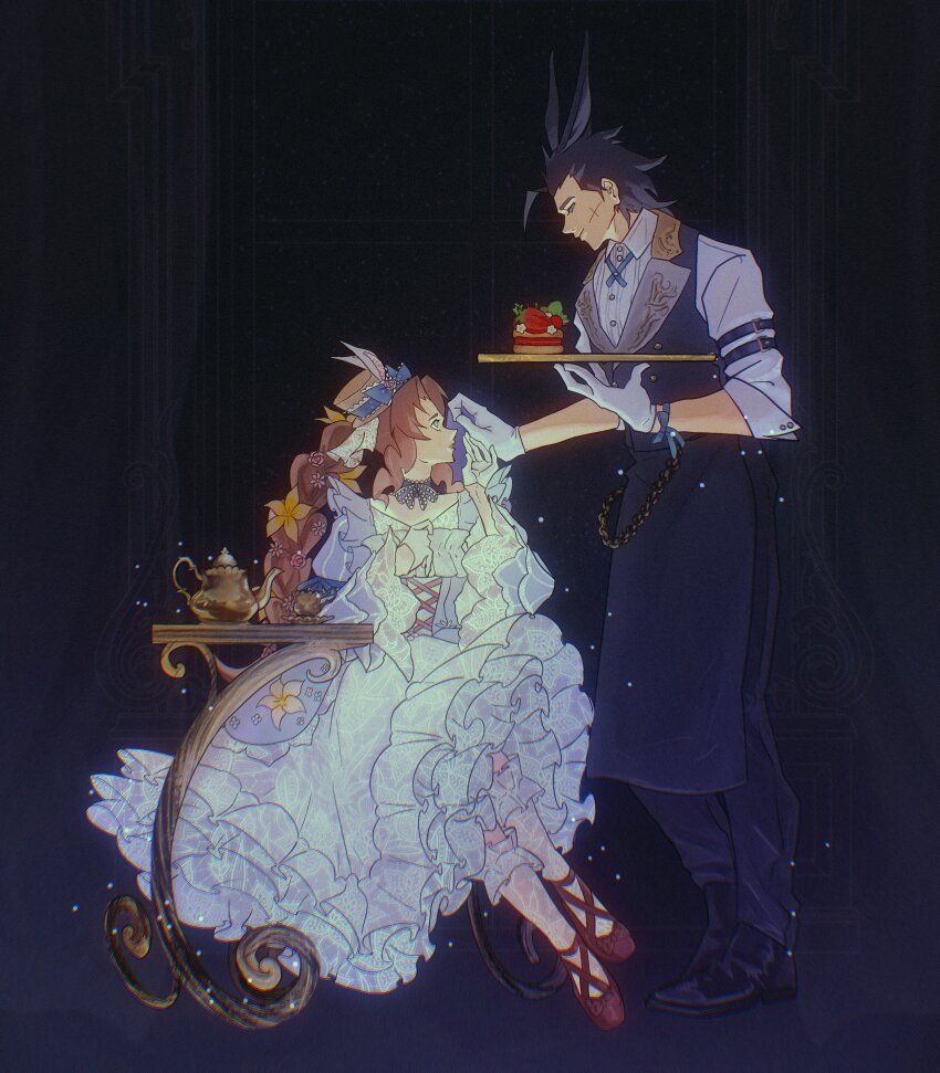 1boy 1girl absurdres aerith_gainsborough aerith_gainsborough_(classic_coney) animal_ears apron arm_belt arm_ribbon black_apron black_background black_hair black_pants black_shoes blue_dress blue_eyes blue_ribbon brown_hair butler chain choker collared_shirt commentary couple cup dessert dress english_commentary final_fantasy final_fantasy_vii final_fantasy_vii_ever_crisis flower food frilled_dress frills full_body gloves hair_slicked_back hat hetero high_ponytail highres holding holding_tray indoors kemonomimi_mode lace-trimmed_choker lace_socks lace_trim long_hair looking_down looking_up medium_hair mini_hat neck_ribbon official_alternate_costume pants parted_bangs ponytail qowaso rabbit_ears red_shoes ribbon scar scar_on_face shirt shoes sidelocks sitting smile socks teacup teapot tray wavy_hair white_gloves white_shirt white_socks yellow_flower zack_fair zack_fair_(bunny_butler)