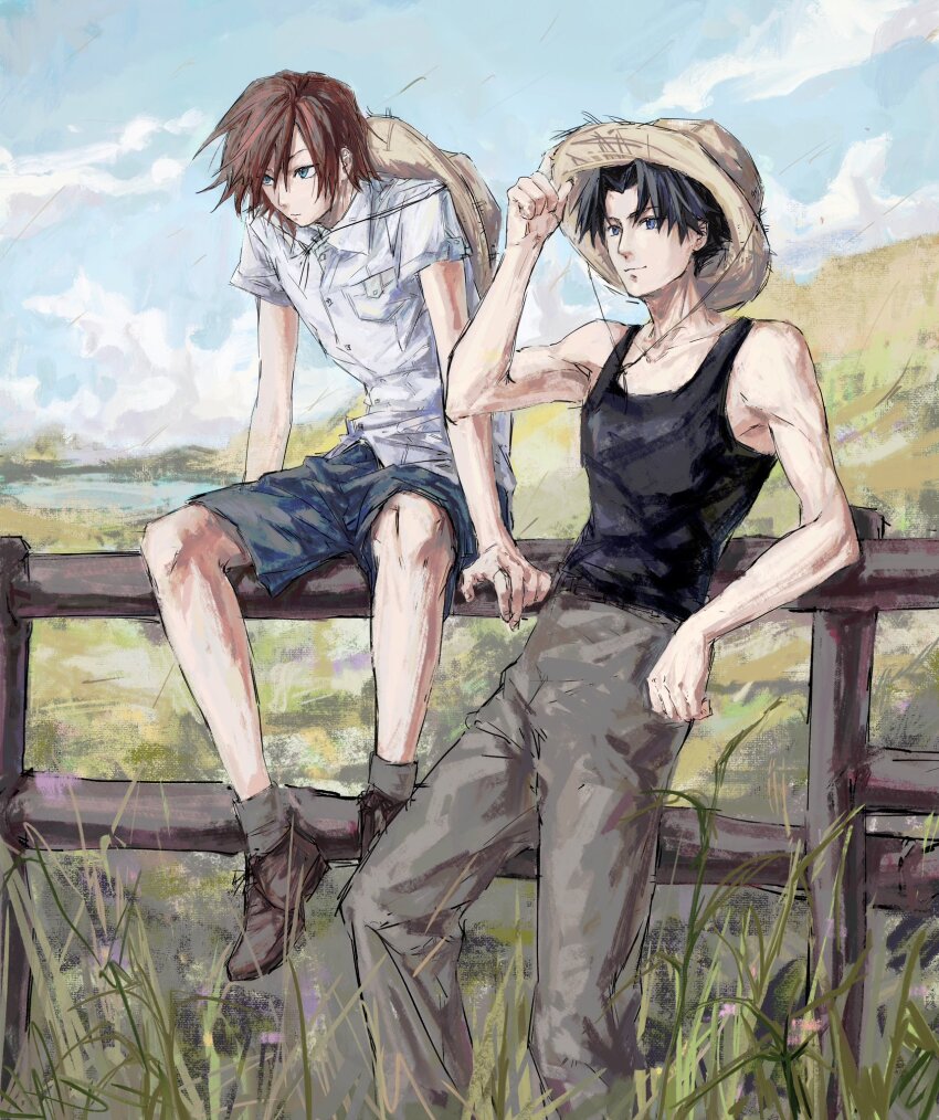 2boys aged_down angeal_hewley black_hair blue_eyes blue_sky closed_mouth crisis_core_final_fantasy_vii farm fence final_fantasy final_fantasy_vii genesis_rhapsodos grass hat highres leaning_on_object light_smile male_focus multiple_boys outdoors q54348471 red_hair shorts sitting_on_fence sky straw_hat wooden_fence