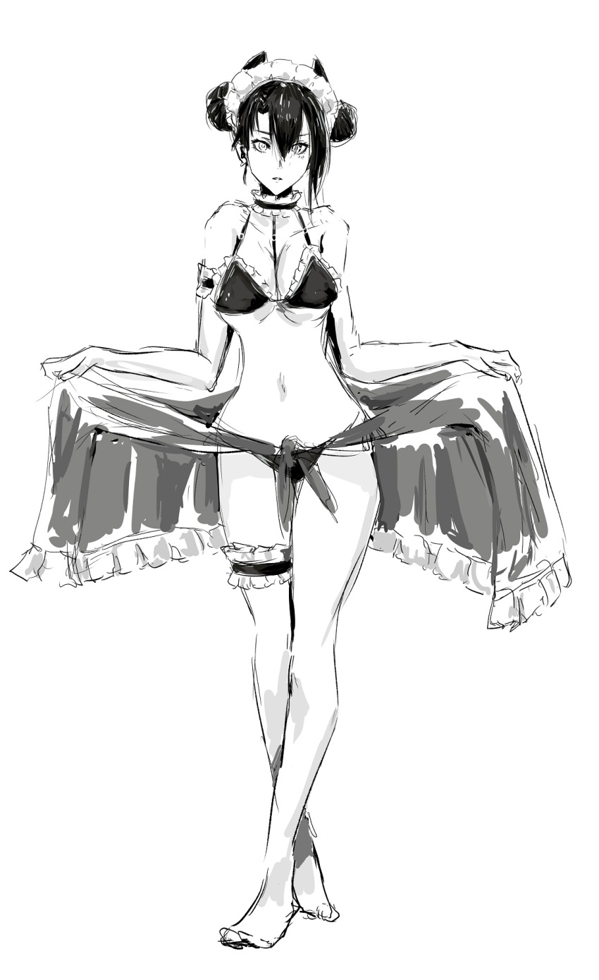 1girl agent_(girls&#039;_frontline) alternate_costume armband bikini bikini_day black_bikini black_hair breasts chika_(keiin) choker cleavage clothes_lift commentary_request curtsey deadpan double_bun earrings eyelashes frilled_armband frilled_choker frilled_skirt frilled_thigh_strap frills full_body girls&#039;_frontline hair_between_eyes hair_bun highres horns jewelry legs looking_at_viewer maid maid_bikini maid_headdress monochrome navel parted_lips partial_commentary pose_imitation sangvis_ferri sidelocks simple_background single_earring single_sidelock sketch skirt skirt_lift solo swimsuit thigh_strap unconventional_maid underboob white_background