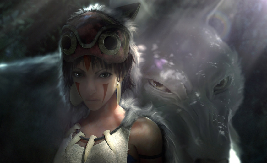 1990s_(style) 1girl animal black_eyes black_hair earrings facepaint goggles hat highres jewelry light_rays looking_at_viewer mononoke_hime retro_artstyle san_(mononoke_hime) studio_ghibli wen_jr wolf