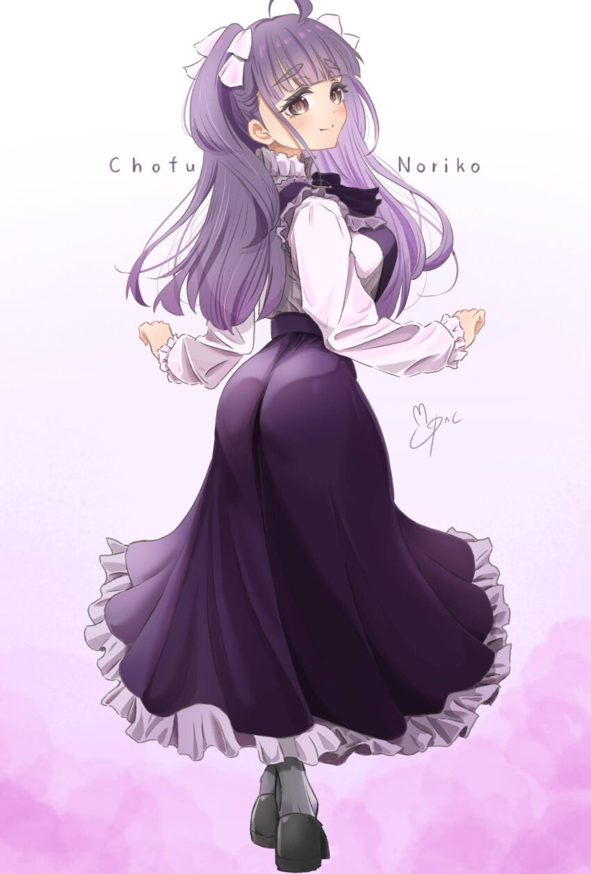 1girl ahoge ass black_pantyhose black_shoes blunt_bangs breasts character_name chofu_noriko closed_mouth commentary dress frilled_dress frilled_shirt frills from_behind gradient_hair grey_eyes highres ikizulive!_love_live!_bluebird large_breasts long_dress long_hair looking_at_viewer looking_back love_live! multicolored_hair pakku_(paku_taro) pantyhose pinafore_dress pink_background purple_dress shirt shoes sidelocks sleeveless sleeveless_dress smile solo split_mouth two_side_up white_shirt