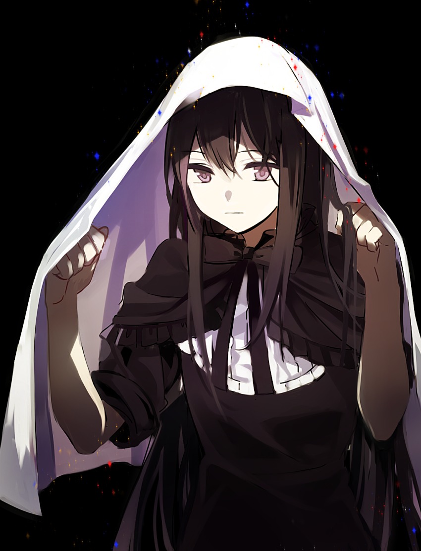 10s 1girl akemi_homura akemi_homura_(black_dress) black_bow black_dress black_hair black_theme blanket bow bowtie capelet closed_mouth dress expressionless female_focus funeral_dress highres homulilly long_hair mahou_shoujo_madoka_magica mahou_shoujo_madoka_magica:_hangyaku_no_monogatari purple_eyes solo zgxuke