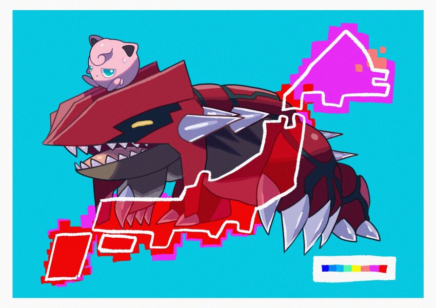 border bright_pupils claws closed_mouth commentary gen_1_pokemon gen_3_pokemon green_background green_eyes groudon highres jigglypuff legendary_pokemon nintendo no_humans on_head open_mouth pokemon pokemon_(creature) pokemon_on_head saiku_(zvlku) sharp_teeth spikes sweatdrop teeth tongue white_border white_pupils