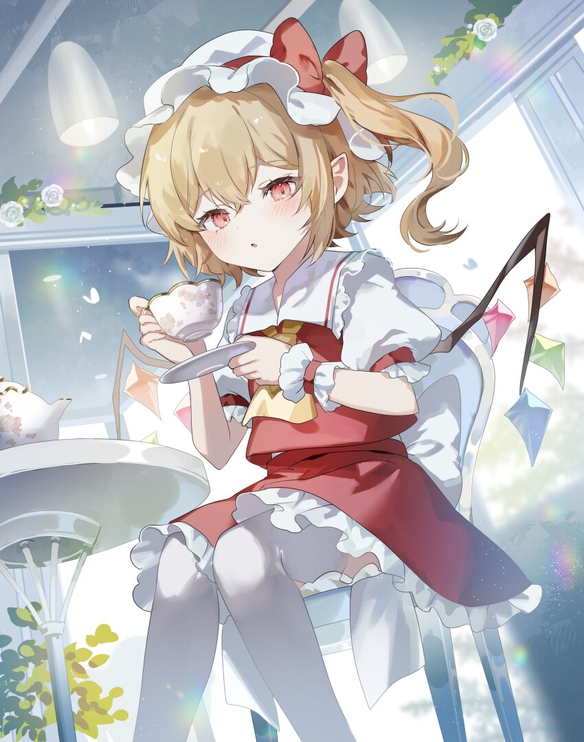 1girl absurdres ascot blonde_hair blush bow bug butterfly chair commentary_request cup flandre_scarlet flower frilled_skirt frills hair_bow hanging_light hat highres holding holding_cup holding_saucer indoors insect looking_at_viewer medium_hair mob_cap on_chair parted_lips pointy_ears puffy_short_sleeves puffy_sleeves red_bow red_eyes red_skirt red_vest rose saucer shirt short_sleeves sitting skirt solo sorani_(kaeru0768) table teacup teapot thighhighs touhou vest white_hat white_shirt white_thighhighs wings wrist_cuffs yellow_ascot