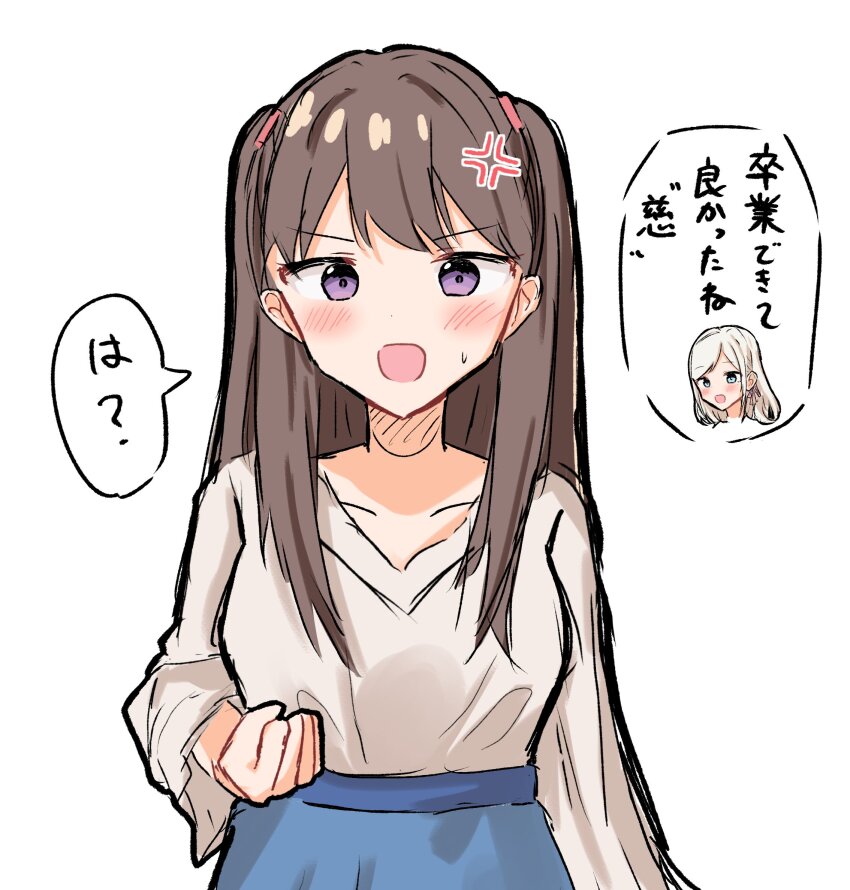 2girls :d anger_vein blue_eyes blue_skirt blush breasts brown_hair clenched_hand commentary_request fujishima_megumi fujishima_megumi_(summer_casual) grey_hair hair_ribbon highres hisho_(rythm_hisho) link!_like!_love_live! long_hair looking_at_viewer love_live! medium_breasts multiple_girls open_mouth pink_ribbon purple_eyes ribbon ceras_yanagida_lilienfeld shirt simple_background skirt smile solo_focus speech_bubble sweatdrop swept_bangs translation_request two_side_up v-neck v-shaped_eyebrows white_background white_shirt