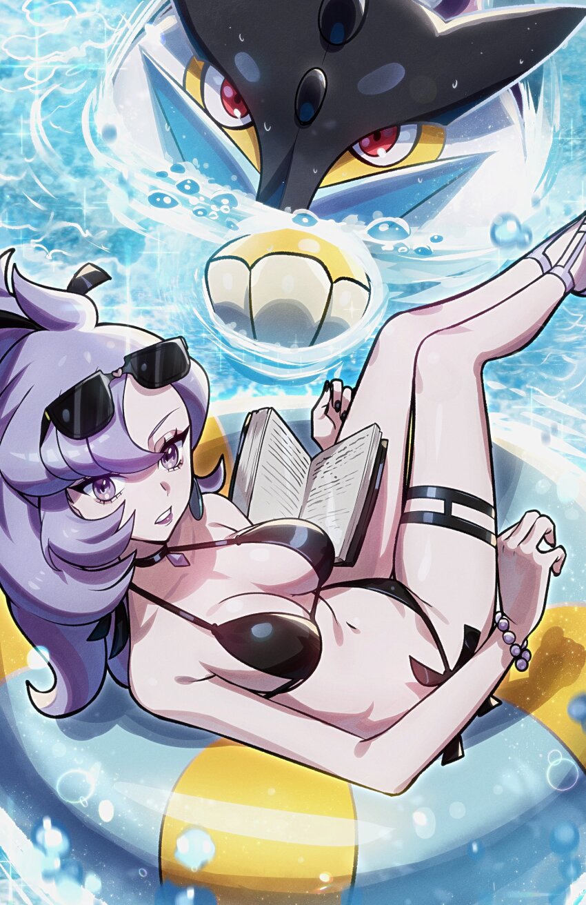 1girl absurdres afloat anabel_(pokemon) asymmetrical_bangs bikini black_bikini black_choker black_nails book breasts choker commentary english_commentary eyelashes eyewear_on_head gen_2_pokemon hair_between_eyes halterneck highres innertube large_breasts legendary_pokemon long_hair navel nintendo open_book pokemon pokemon_(creature) pokemon_sm purple_eyes purple_hair raikou red_eyes ryairyai side-tie_bikini_bottom sparkle sunglasses swim_ring swimsuit water