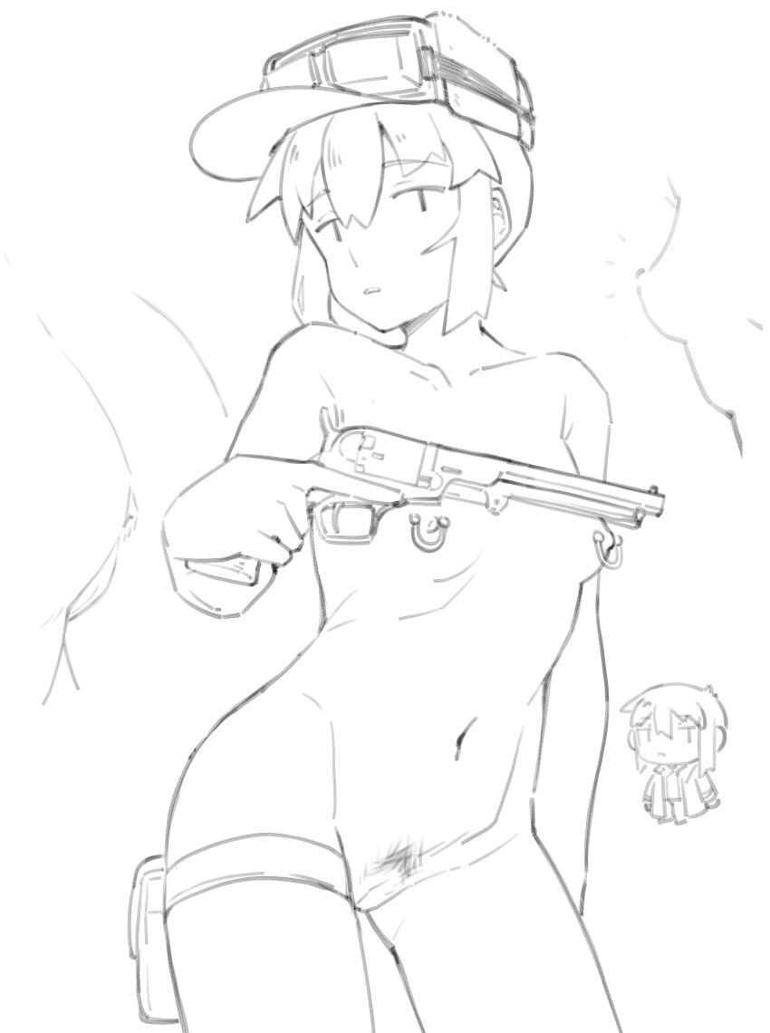 1girl absurdres anus ass breasts chibi chibi_inset colt_1851_navy commentary contrapposto cowboy_shot female_pubic_hair goggles goggles_on_headwear greyscale gun handgun highres holster kino_(kino_no_tabi) kino_no_tabi kokuya_(kokuya28) looking_at_viewer monochrome multiple_views navel nipples nude open_mouth pubic_hair pussy revolver short_hair small_breasts thigh_holster uncensored weapon