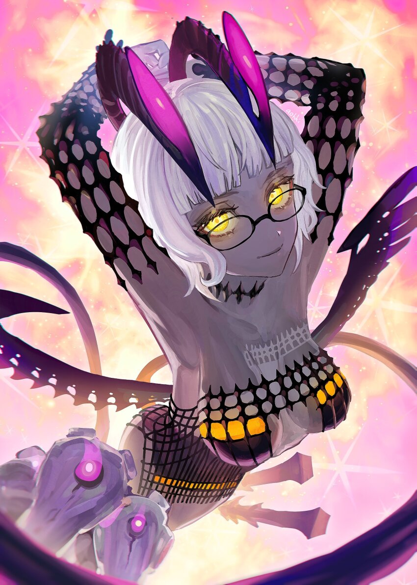 1girl absurdres armpits bare_shoulders black-framed_eyewear black_dress bob_cut breasts cleavage_cutout closed_mouth clothing_cutout colored_skin commentary_request detached_sleeves dress fate/grand_order fate_(series) glasses glowing glowing_eyes grey_skin highres jacques_de_molay_(foreigner)_(fate) jacques_de_molay_(foreigner)_(third_ascension)_(fate) large_breasts looking_at_viewer looking_up short_dress short_hair smile solo waterstaring white_hair yellow_eyes