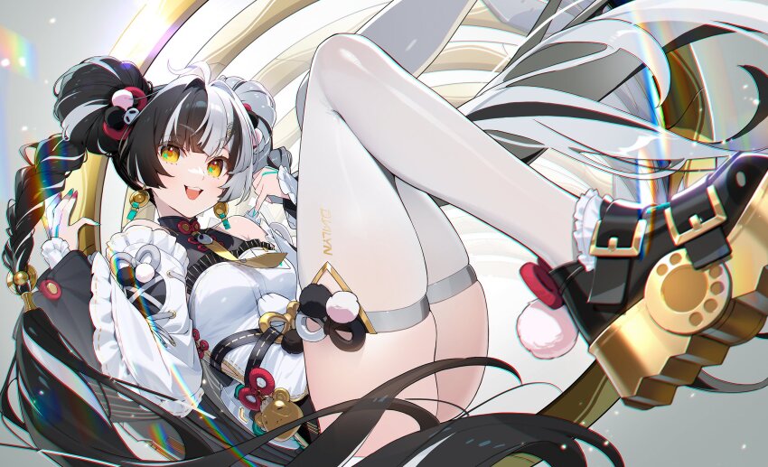 1girl bare_shoulders black_hair black_shoes china_dress chinese_clothes commentary detached_sleeves dialyn_(zenless_zone_zero) double_bun dress earrings english_commentary hair_bun highres jewelry long_hair long_sleeves looking_at_viewer multicolored_hair open_mouth second-party_source shoes siino smile solo split-color_hair thighhighs thighs two-tone_hair very_long_hair white_dress white_hair white_thighhighs wide_sleeves zenless_zone_zero