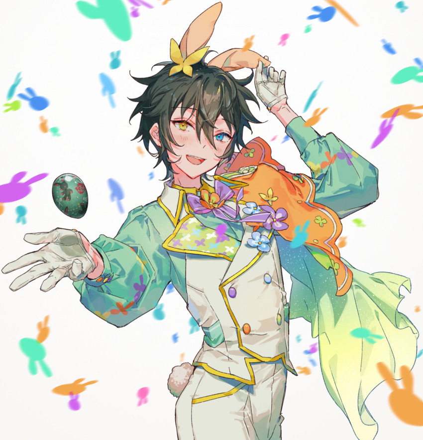 1boy animal_ears black_hair blue_eyes bow ensemble_stars! gloves hair_between_eyes hands_up heterochromia highres kagehira_mika kagehira_mika_(puffy_bunny) long_sleeves male_focus open_mouth pants rabbit_ears rabbit_tail short_hair smile solo tail vest white_gloves white_pants white_vest yellow_eyes yutsumoe