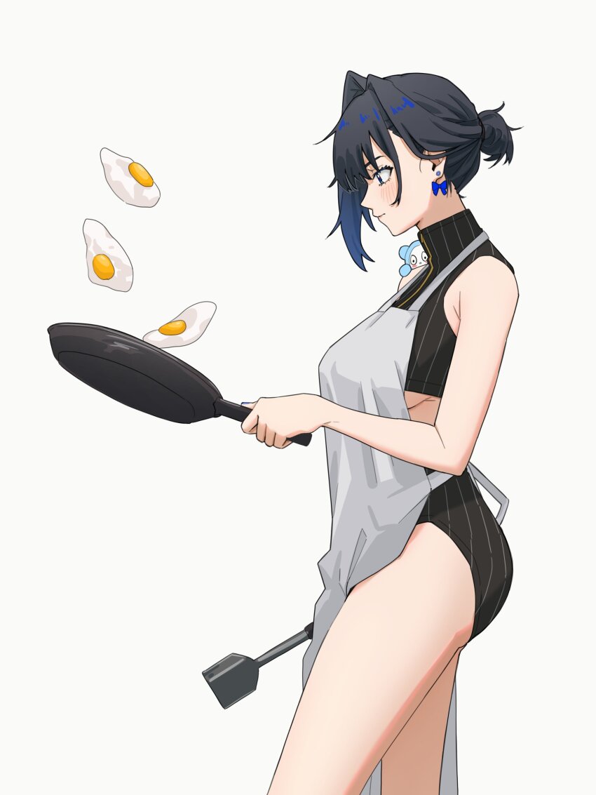 1girl absurdres bare_shoulders black_hair black_shirt black_shorts blue_eyes blue_hair blush breasts closed_mouth colored_inner_hair cowboy_shot crop_top earrings flipping_food food fried_egg from_side frying_pan gradient_hair hair_bun hair_intakes highres holding holding_frying_pan holding_spatula hololive hololive_english jewelry kronie_(ouro_kronii) large_breasts medium_hair micro_shorts multicolored_hair ouro_kronii ouro_kronii_(1st_costume) pinstripe_pattern pinstripe_shirt ribbon_earrings shirt shorts simple_background sleeveless sleeveless_shirt solo spatula striped_clothes striped_shirt thighs turtleneck turtleneck_shirt two-tone_hair underboob virtual_youtuber white_background yuutomeh