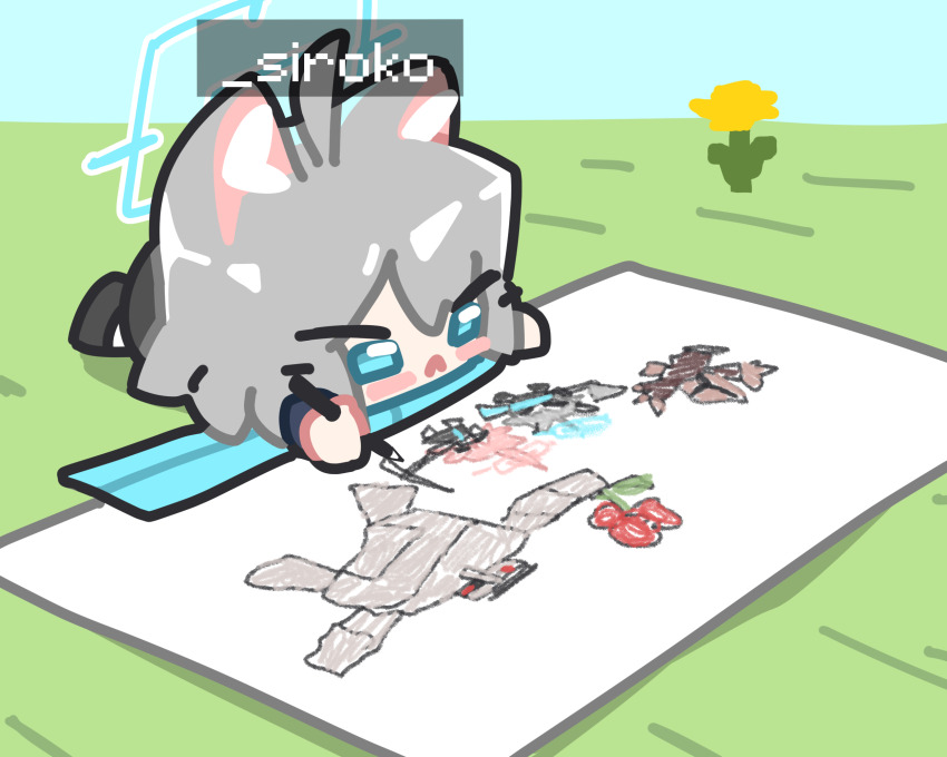 1girl ahoge animal_ear_fluff animal_ears aqua_scarf black_footwear blue_archive blue_halo blush_stickers character_name chibi chibi_only child&#039;s_drawing closed_mouth day drawing_(object) flower frown grass grey_hair halo highres holding holding_pencil hoshino_(blue_archive) iron_golem_(minecraft) ishikoro24 looking_ahead lying medium_hair minecraft on_grass on_stomach outdoors paper pencil scarf shiroko_(blue_archive) solo v-shaped_eyebrows villager_(minecraft) wolf_ears wolf_girl yellow_flower