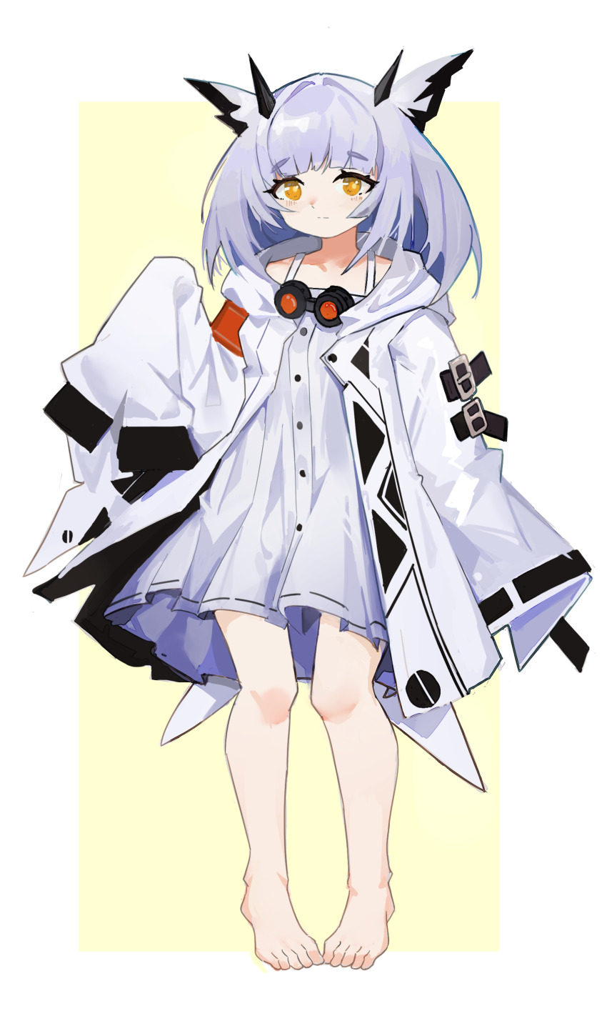 1girl absurdres arknights barefoot border chinese_commentary closed_mouth coat commentary_request dress feet full_body grey_hair hand_up highres looking_at_viewer medium_hair open_clothes open_coat outside_border ptilopsis_(arknights) sadman short_dress simple_background sleeves_past_fingers sleeves_past_wrists solo split_mouth standing toes white_border white_coat white_dress yellow_background yellow_eyes