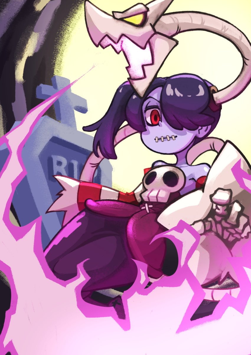1girl absurdres dress energy hair_over_one_eye half-closed_eyes highres moon onozawa_(buresu21) purple_hair red_eyes side_ponytail skeletal_arm skullgirls smile solo squigly_(skullgirls) stitched_mouth stitches